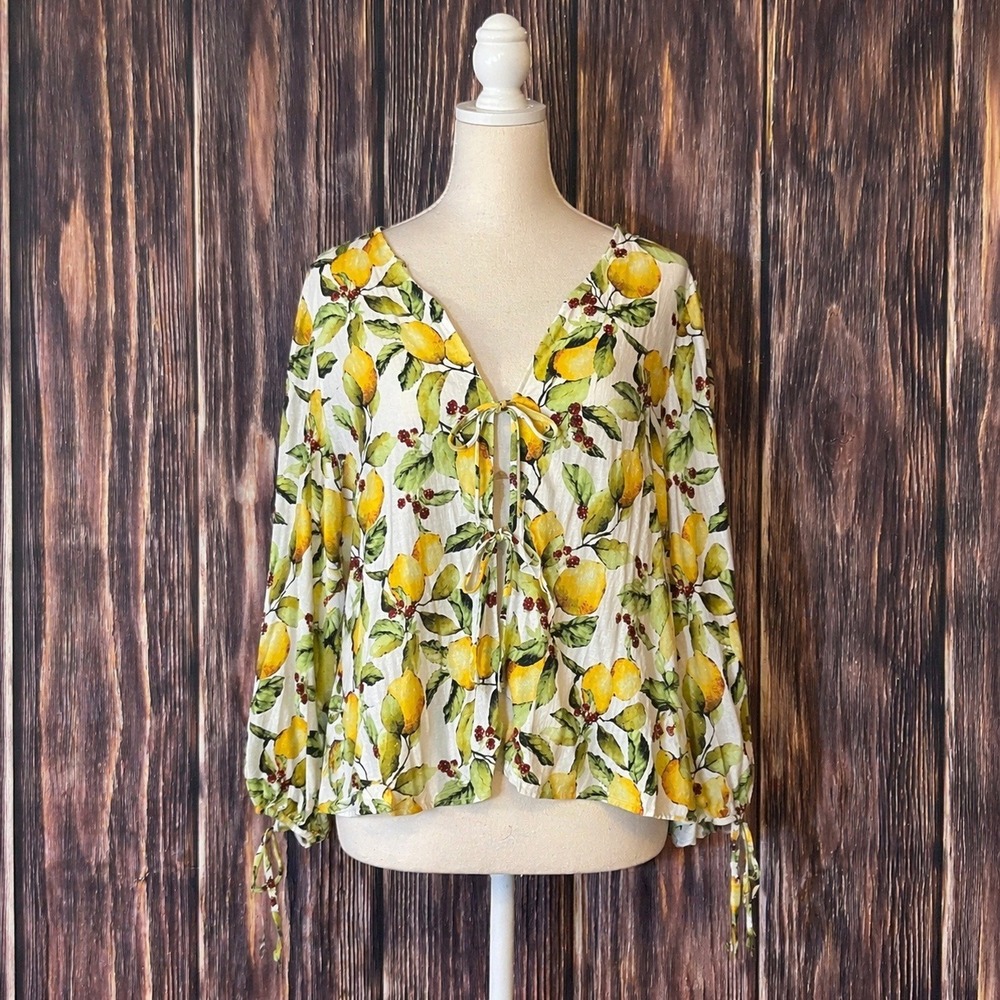 Marc New York Blouse Womens XL Lemon Print Linen Blend Tie Front Boho Top